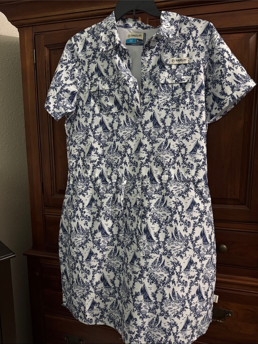 Magellan Outdoors White and Navy Nautical Print Short-Sleeve Shirt Dress